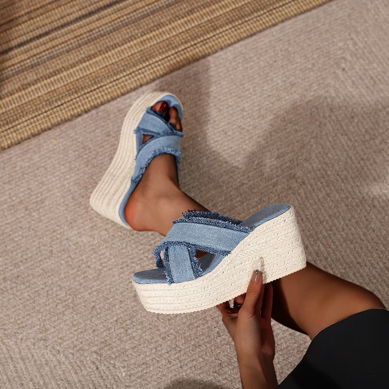 Women's Shoes Summer Wedge Heel Thick Bottom High Heel Sandals For Women Strap Open Toe Straw Braided Rope Bottom