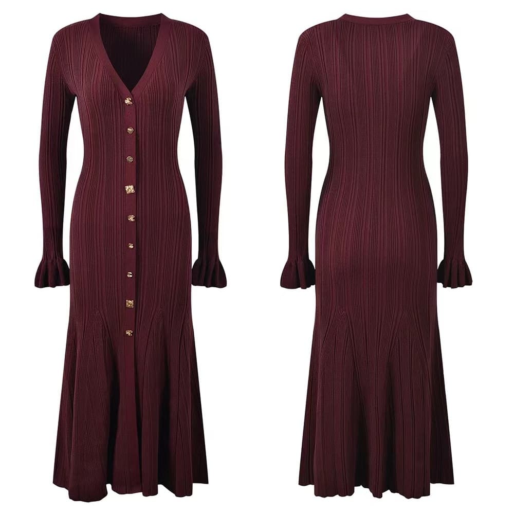 V-Neck Dress With Metallic Threads – Women’s Flared Sleeve Elegant Dress In Wool Blend (S-XL, Solid Colors, A-Line Silhouette)