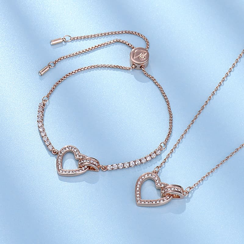 Love Necklace Women Rose Gold Heart Shaped Bracelet Crystal Elements Women's Style For Over Years Old