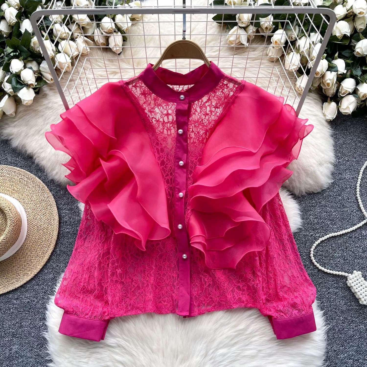 Women's Clothing Niche Light Luxury Three Dimensional Ruffle Stitching Round Neck Pearl Single Breasted Versatile Lace Crop Top