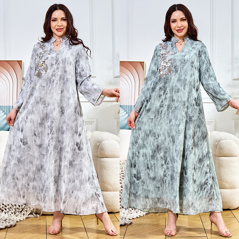 New Middle Eastern Abaya, Evening Gown With Hot-Fix Rhinestones, Collar Flowers And Beaded Embellishments, Arabian Style Dress