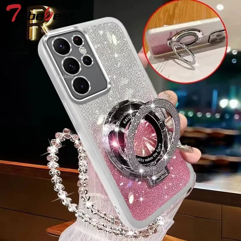 Glitter Crystal Bracelet Phone Holder Case For Samsung Galaxy S25 S24 S23 S22 S21 Ultra S20 FE Silicone Cover