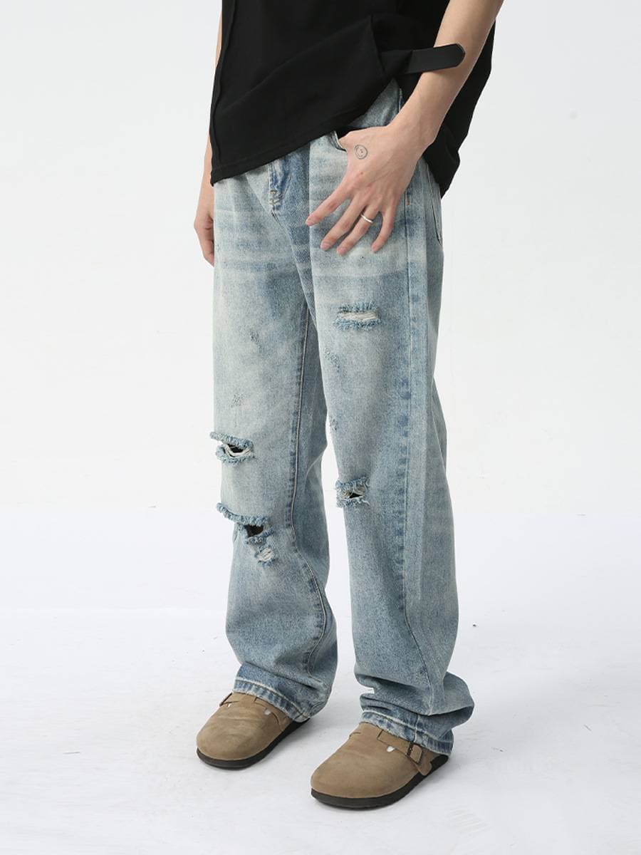 Men's Clothing High Street Washed Old Retro Whitened Ripped Denim Straight Trousers Men's Flared Denim Trousers