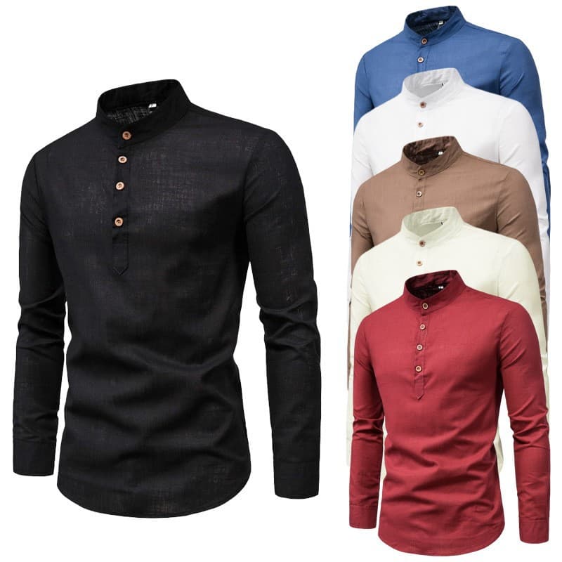 men's solid color casual slim fit stand-up collar long sleeve business shirt shirt