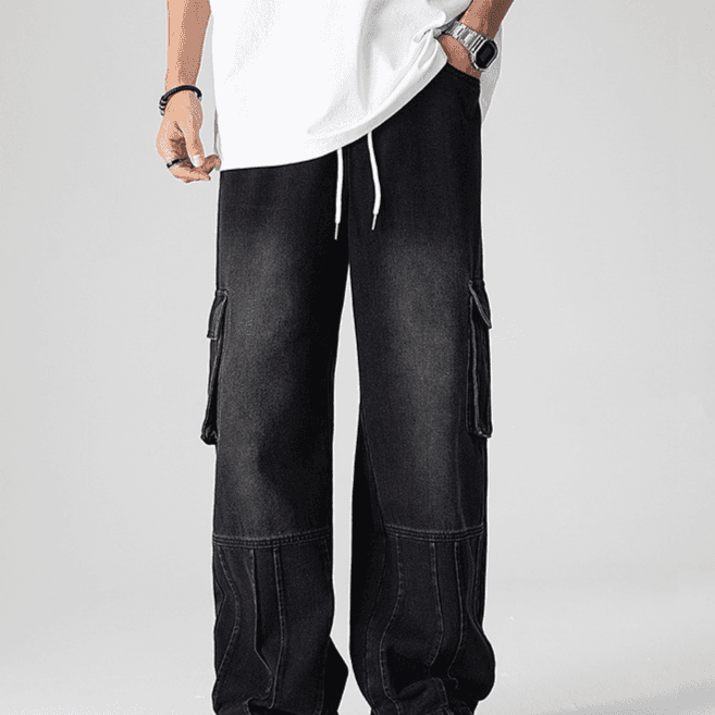 Men's Clothing new high street wide leg casual long trousers washed retro big pocket workwear jeans men autumn