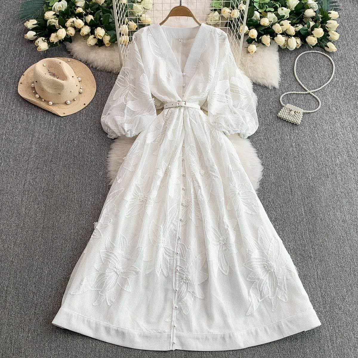 Women's Clothing Pure Desire Hollow Embroidery V Neck Lantern Sleeve Dress Single Breasted Waist Slim Long Skirt