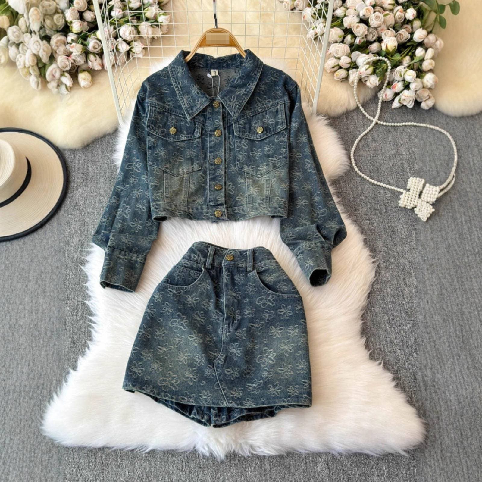 Retro Hong Kong Style Denim Shorts & Printed Jacket Set – Vintage-Inspired 2-Piece Outfit For Women (S-L)