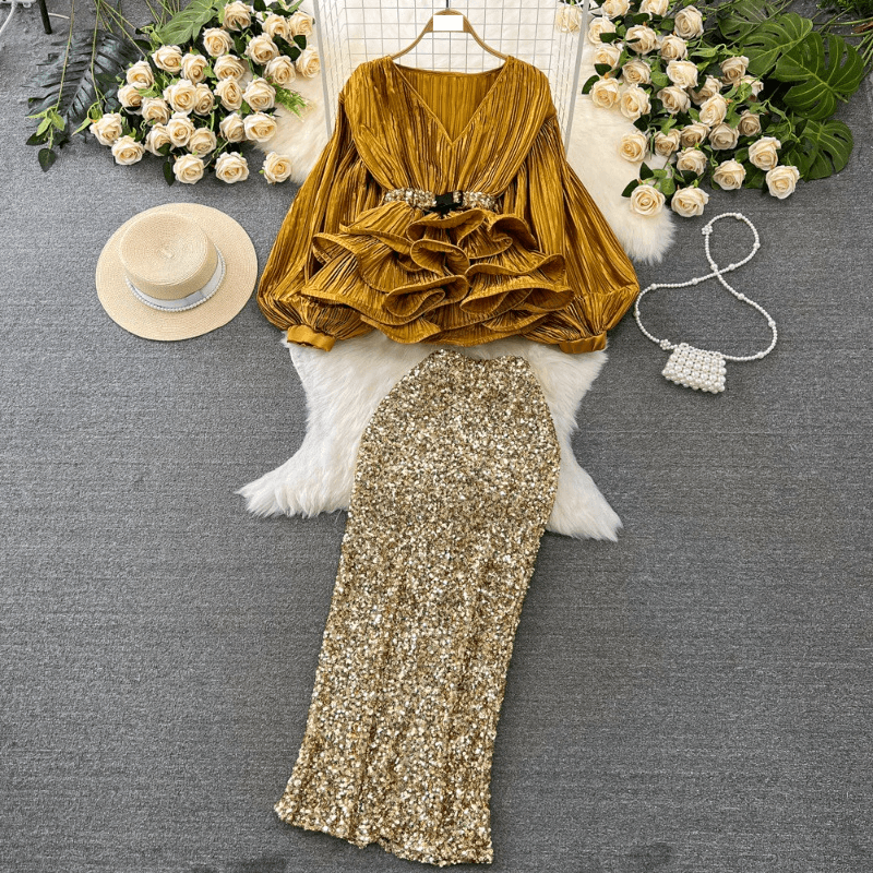 Women's Clothing Fashion suit, ladylike temperament, lantern long sleeved V neck lotus leaf hem shiny shirt for women, high waisted sequined skirt