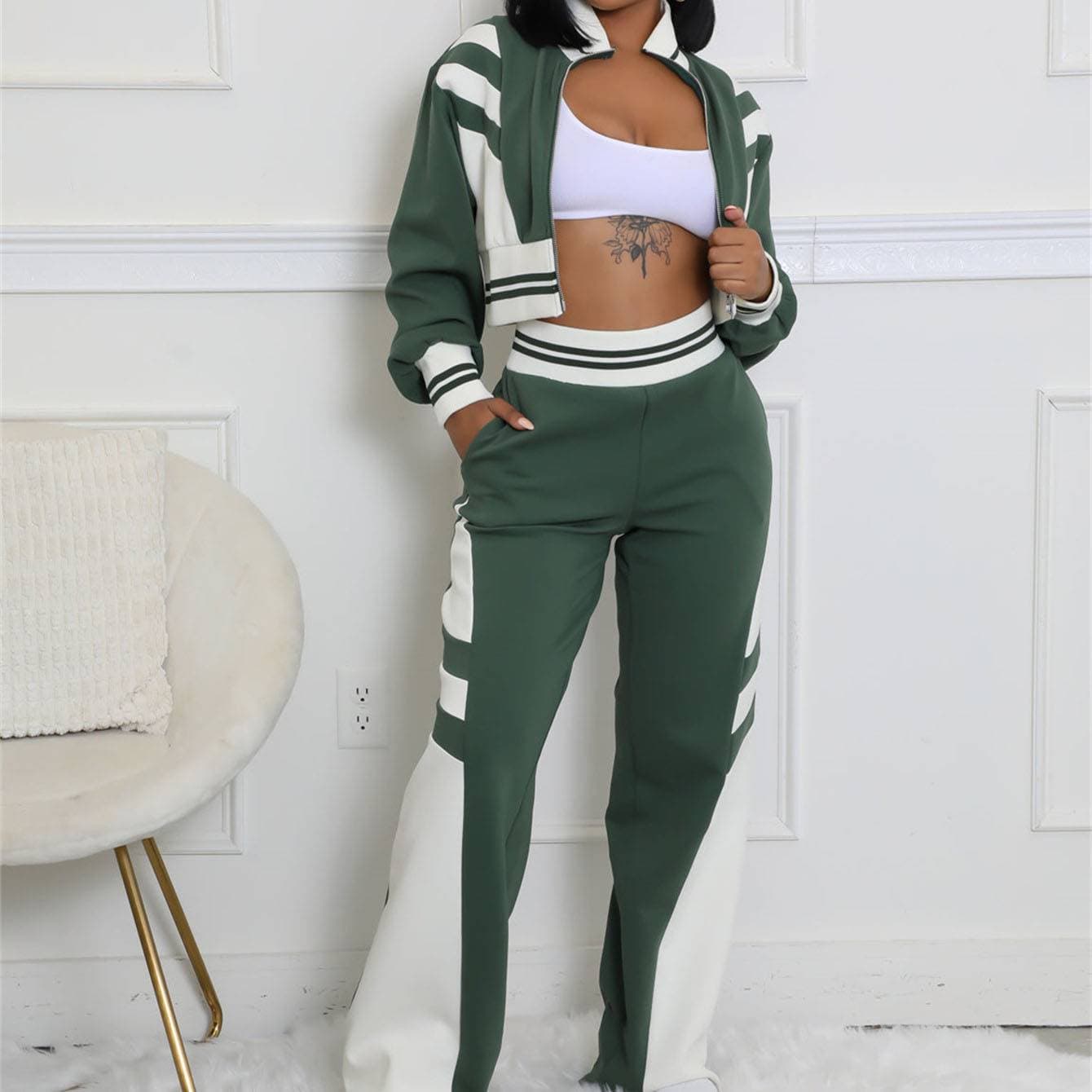 Women's Clothing Autumn Contrast Color Leisure Sports Long Sleeved Jacket Top Trousers Suit