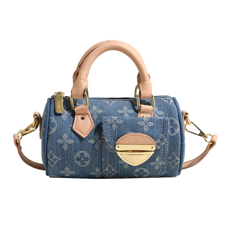 Sac à main cylindrique miniature en denim léger de style vintage, petit sac messager luxueux orné d'un motif de lettres entrelacées, idéal pour