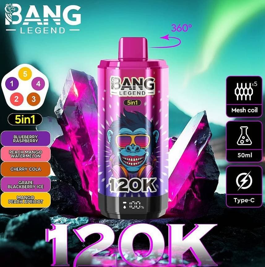 1 cigarette électronique jetable Bang Legend 120 000 bouffées, résistance Mesh 120k, affichage LED, 5 saveurs en 1 réglables, 2 % de nicotine