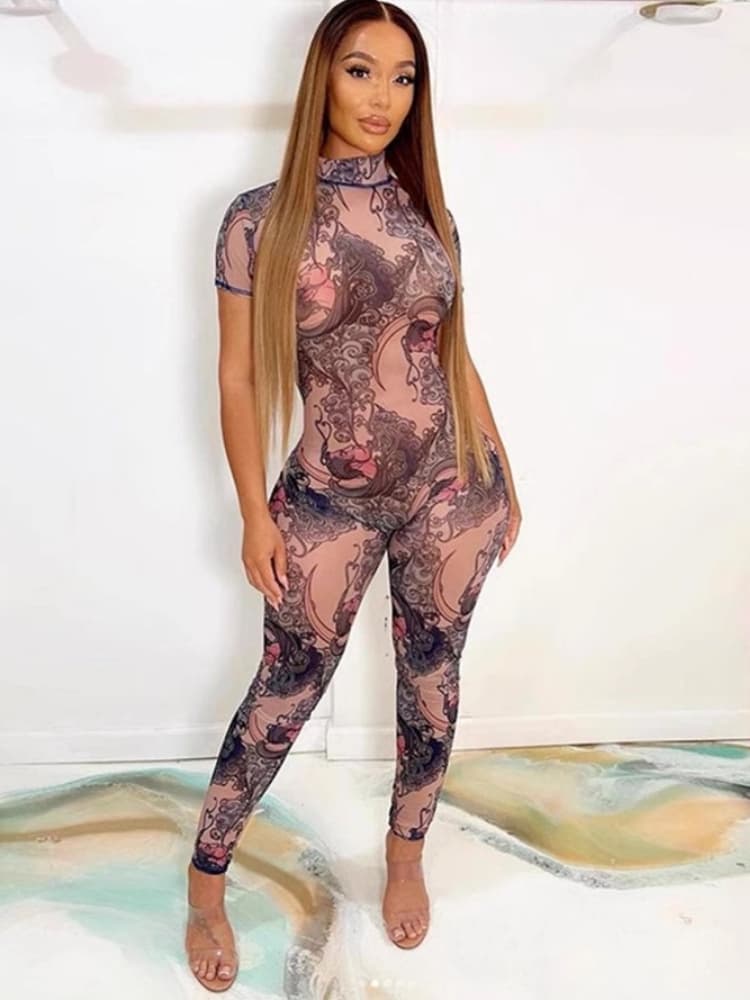 K Sexy And Fashionable Backless Pattern Printed See Through Mesh Jumpsuit