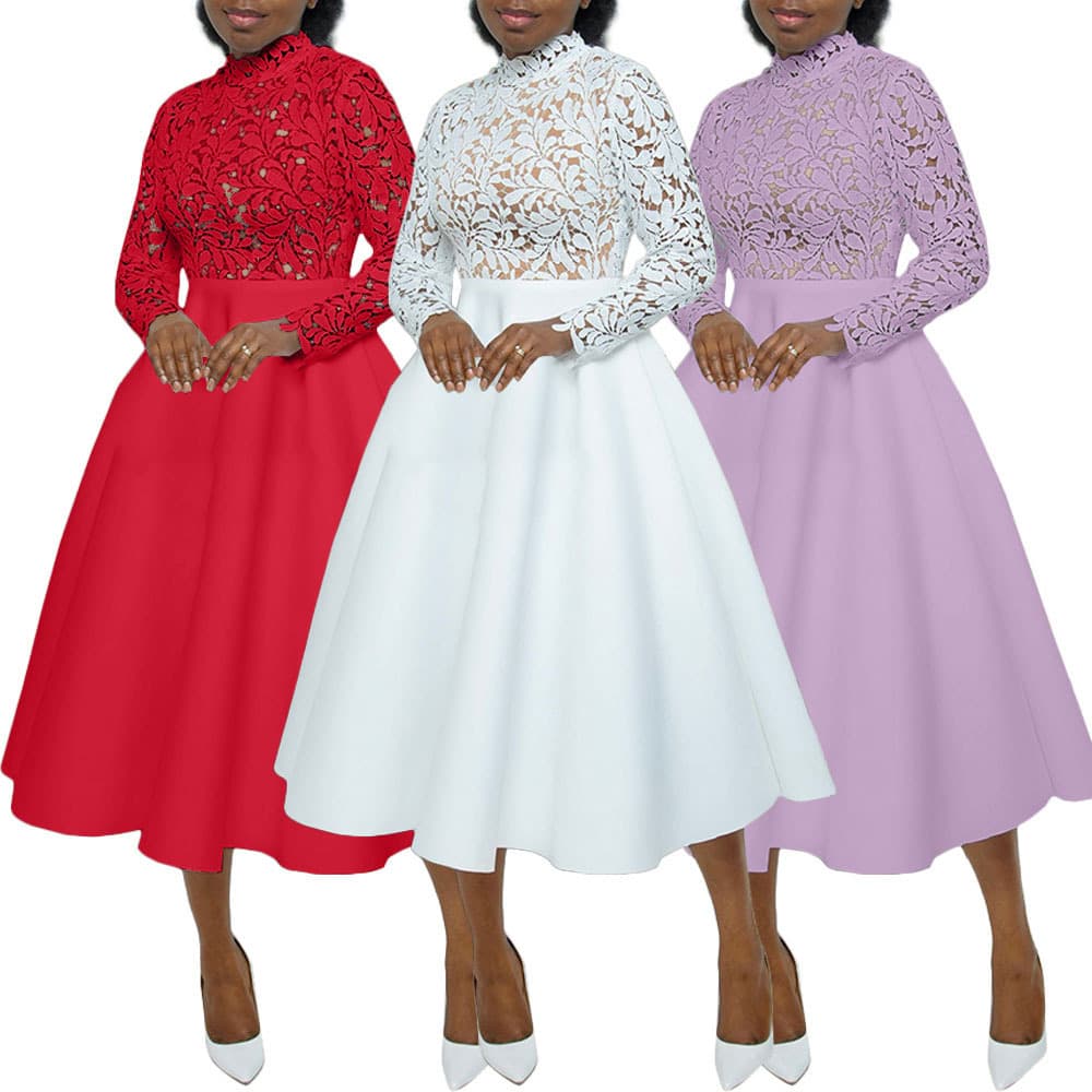 Women's Clothing new model medium high collar lace petal stitching dress
