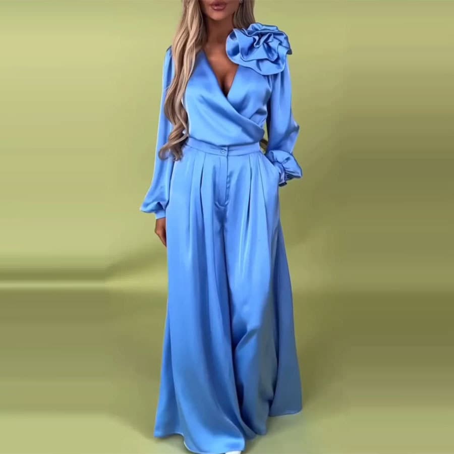 Women's Clothing Luxury Elegant V Neck Satin Long Sleeved Top Wide Leg Pants Set