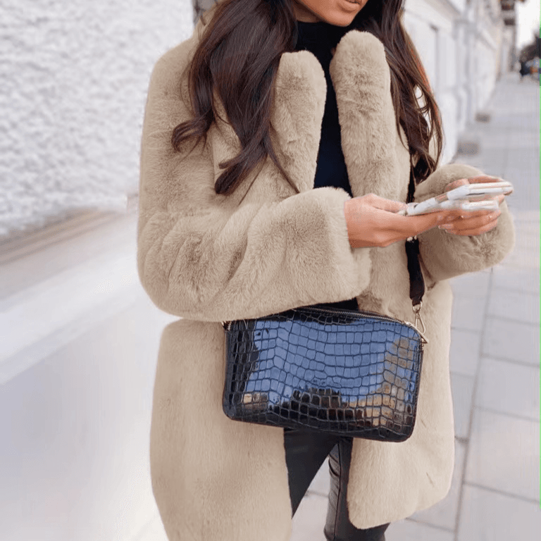 Women's fashion long sleeve lapel imitation fur coat solid color warm large overcoat