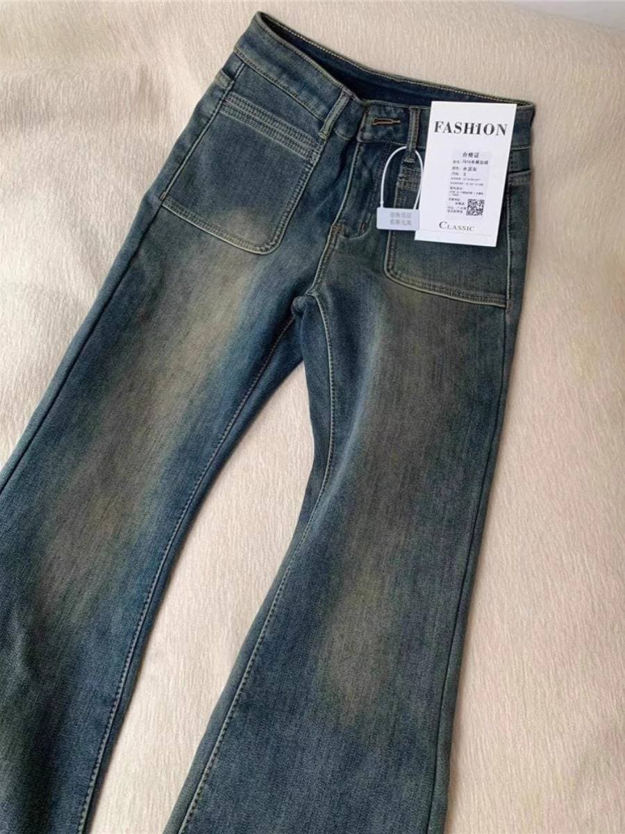 American retro cement gray micro ripped jeans women's autumn winter plus velvet high waist fat mm large size thin mopping pants