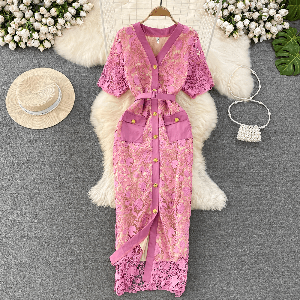 Women's Clothing Professional Temperament Short Sleeved Collar Waist Slim Single Breasted Lace Hip Dress