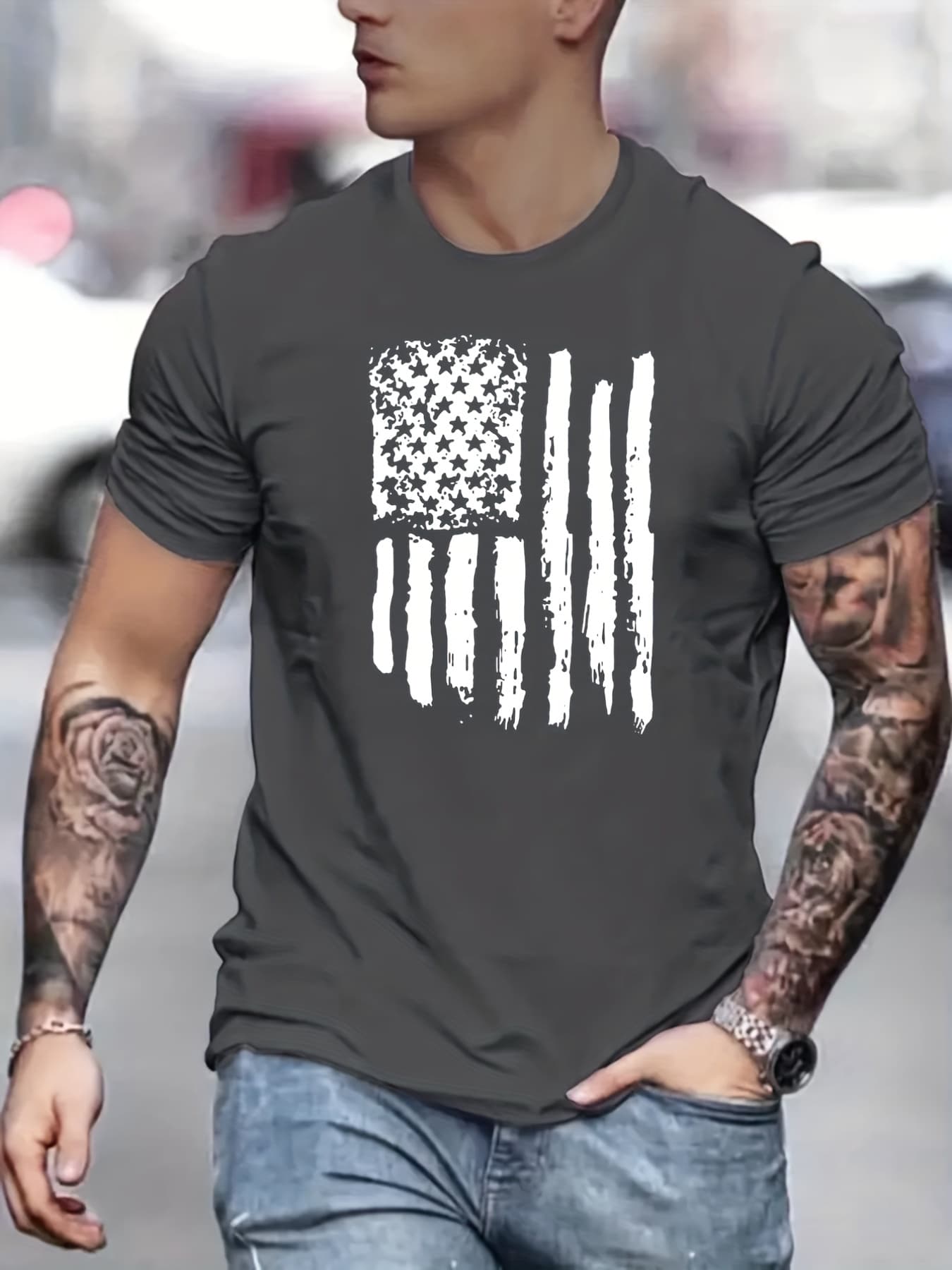 Men's Spring And Summer Fashion Short Sleeved T-shirt 100% Cotton Distressed American Flag Print Casual Slim Fit Versatile Top
