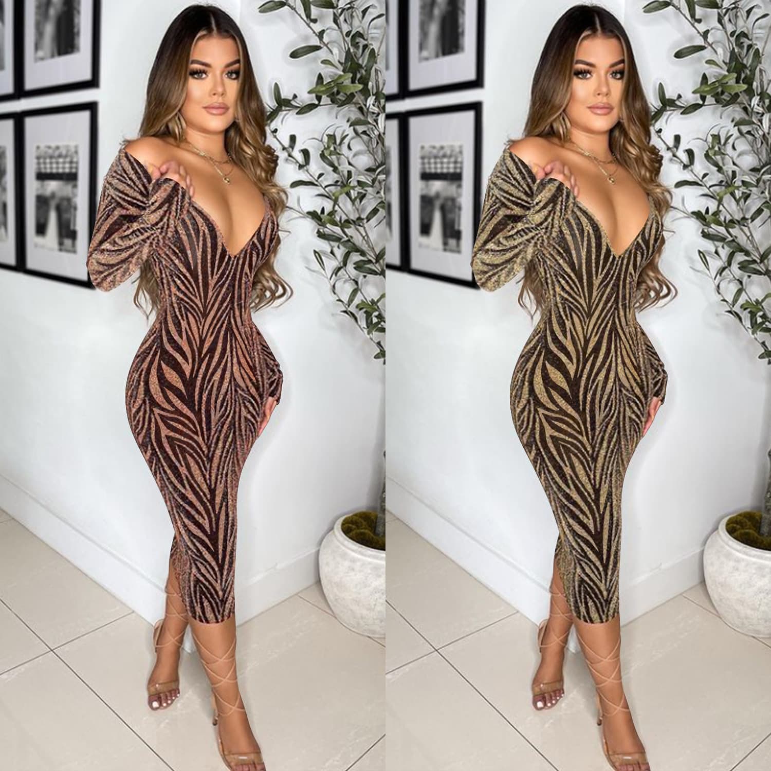 Women's Clothing Fashion Sexy Women's Deep V Long-sleeved Mid-length Pants Dress