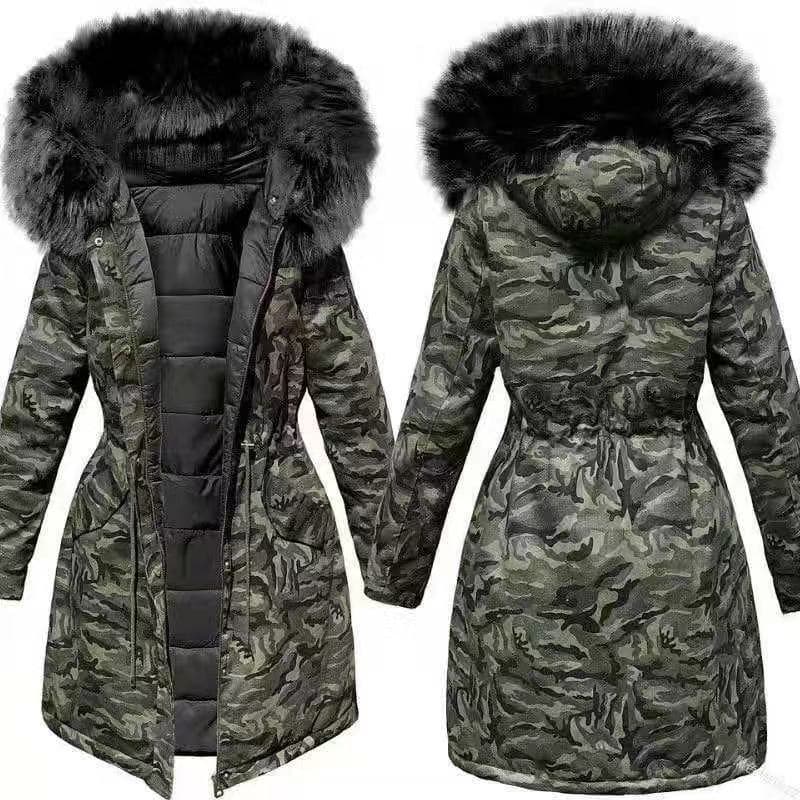 Women's Clothing Winter plus velvet thickened coat for women version loose BF large fur collar medium and long camouflage cotton coat