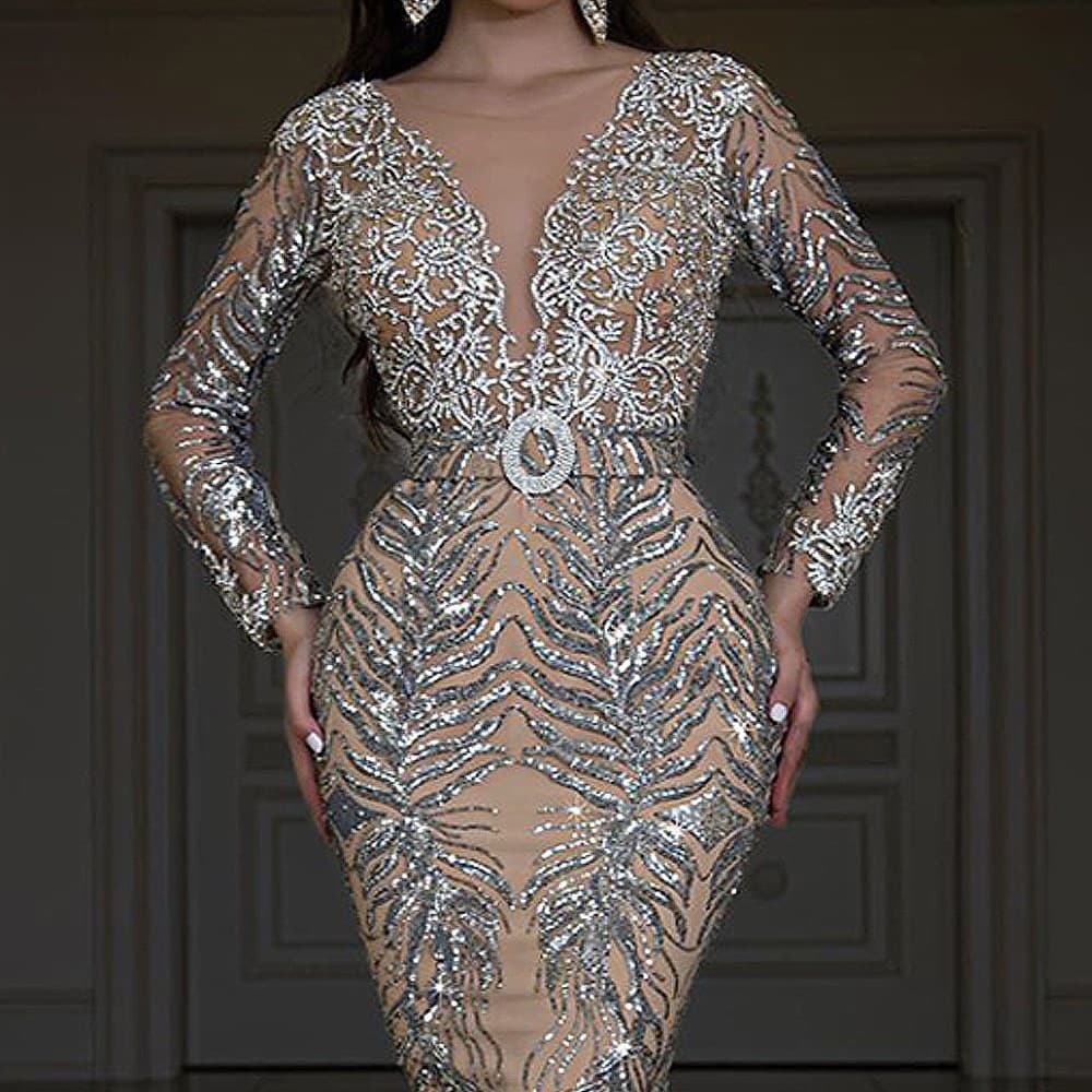 2025 New Women's With Gold Plated Long Sleeves, Slimming And Sexy Fishtail Floor Pulling Evening Dress