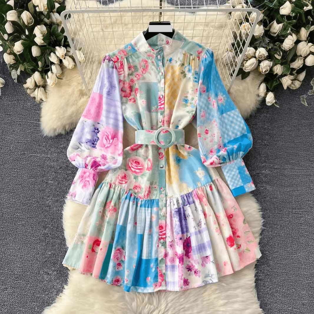 women's clothing niche light luxury stand-up collar lantern long sleeve waist single-breasted ruffled short skirt