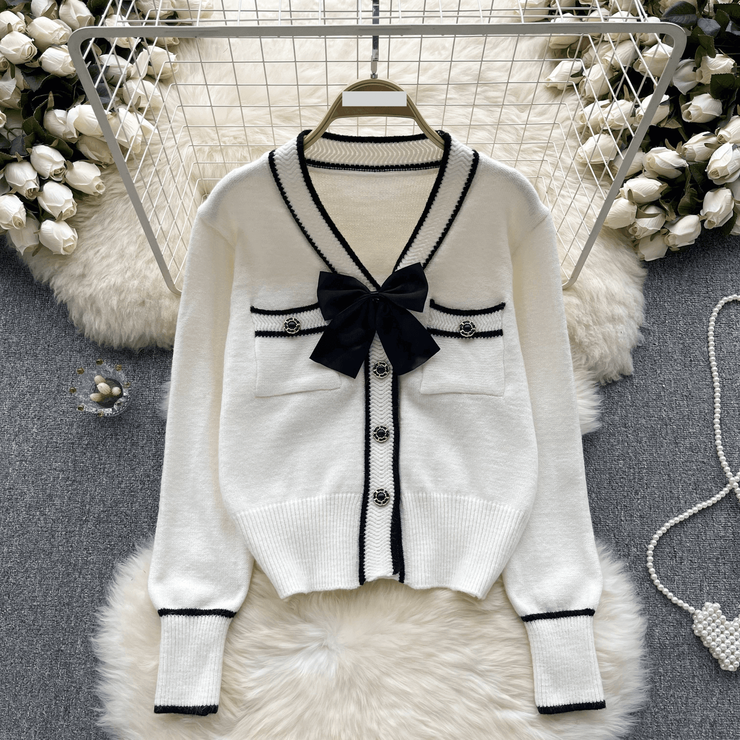 Women's Clothing high-end knitted cardigan for women autumn and winter bow design niche light luxury super fairy top