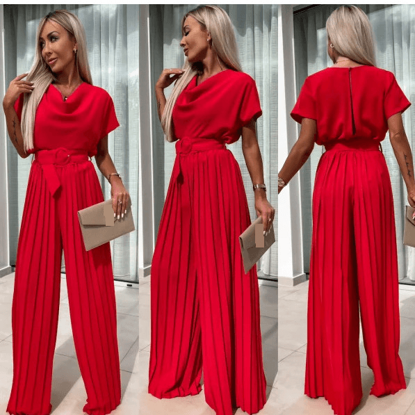 Women's Clothing loose casual wide leg pleated jumpsuit belt solid color women's clothing Z241538