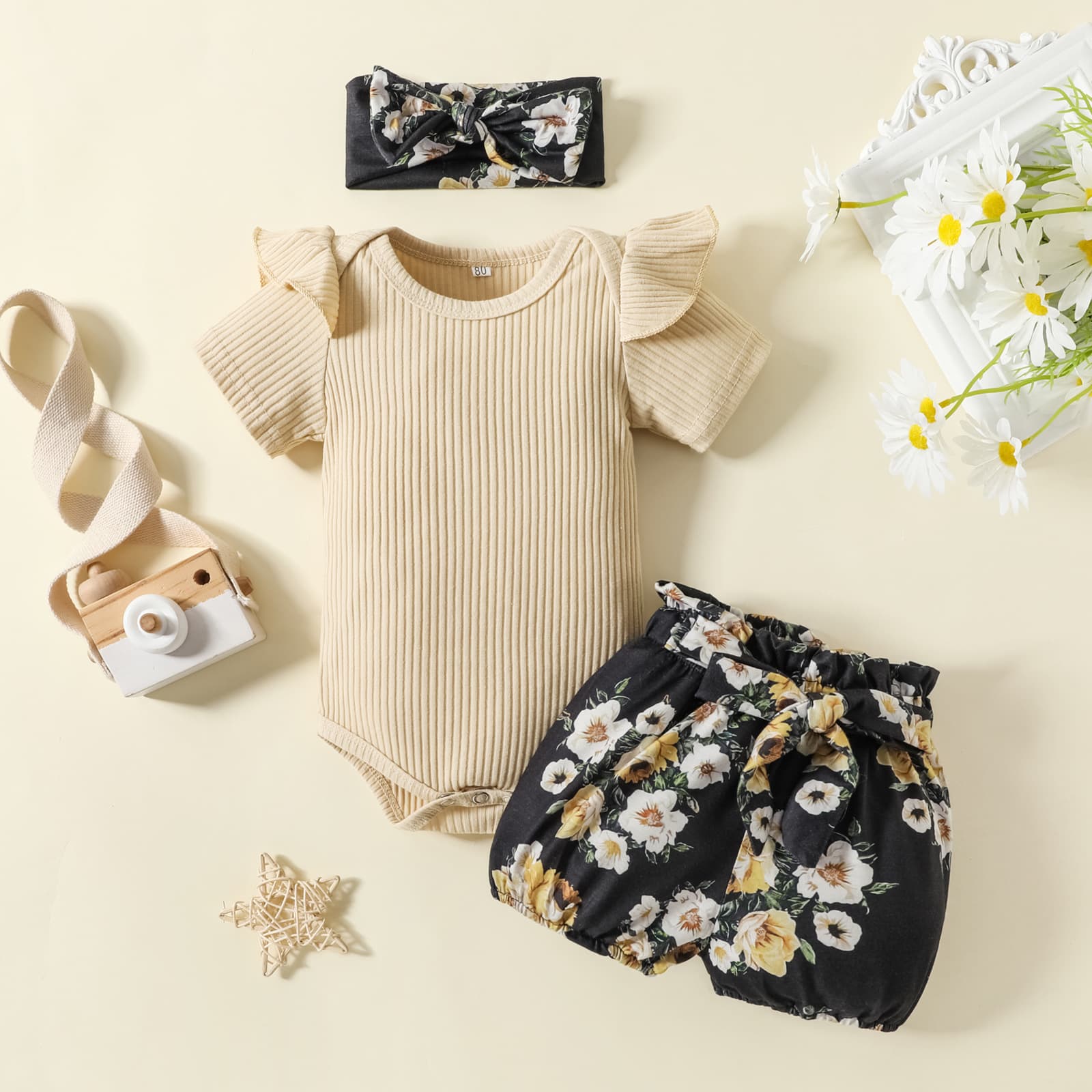 ​​Baby Girl Summer Outfit Set - Ribbed Sleeveless Romper + Floral Shorts + Hair Tie (3-Piece Set) - Soft Cotton Toddler Clothes​​