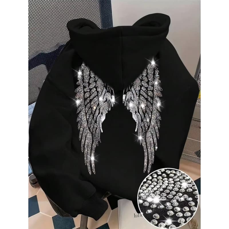 Sweat à capuche à manches longues avec ailes en strass pour hommes et femmes