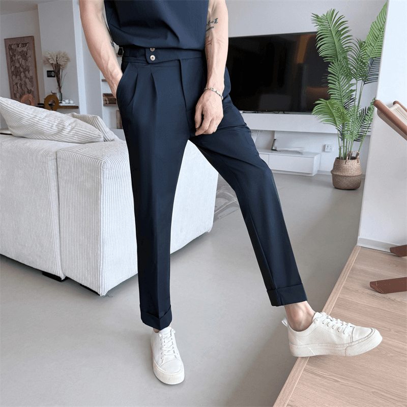 Men's High-Waisted Chino Pants, British Retro Style, Straight-Leg, Lightweight & Breathable For Summer (Khaki/Black/Blue)