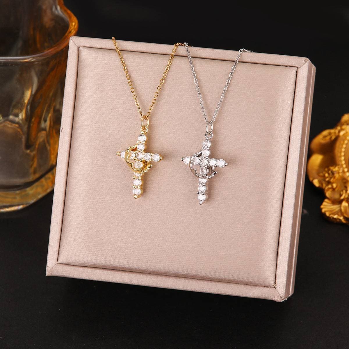 Titanium Steel Copper Gold Plated Plating Cross Crown Zircon Pendant Necklace