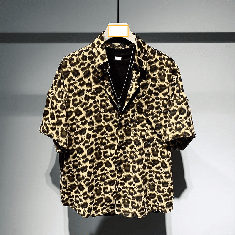 Men's clothing leopard print short-sleeved shirt summer light luxury men's clothing five-point half-sleeve brand loose casual versatile shirt men