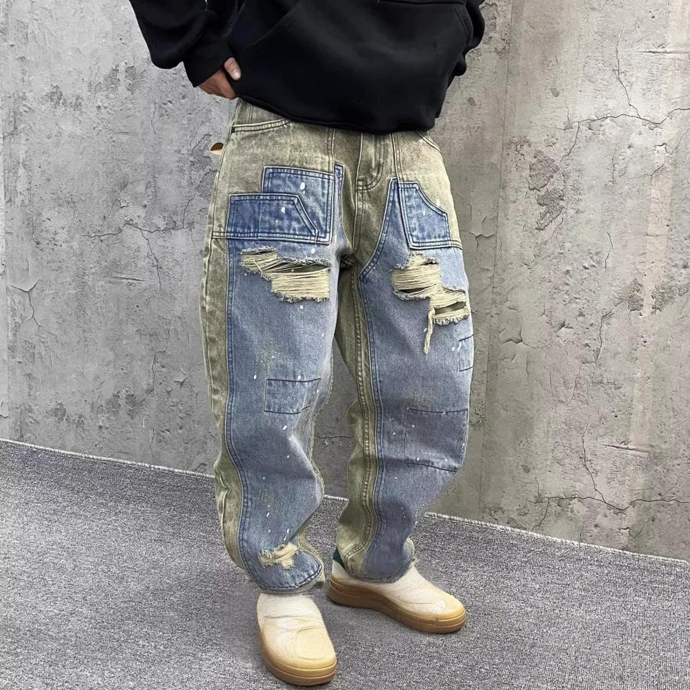 Men's Clothing Casual Handsome Heavy Retro Ripped Patch Jeans Straight Loose Beggar Wide Leg Pants