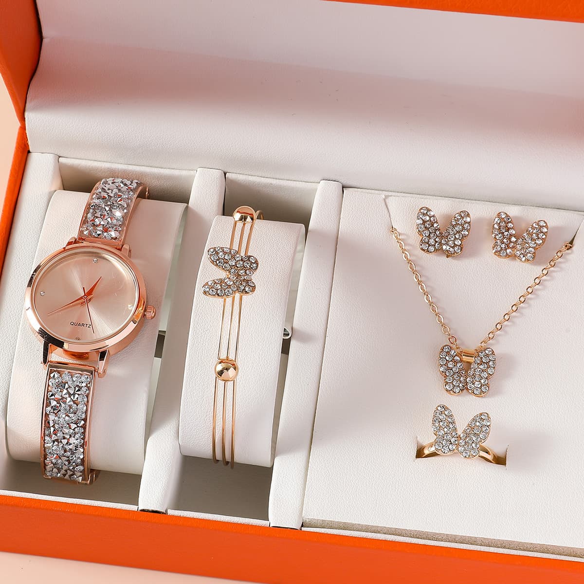 New Ladies Watch Set Fashion ins Style Butterfly Quartz Watch Bracelet Ring Earrings Necklace Set