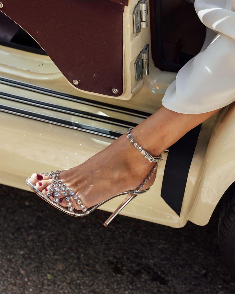 Ladies Summer New Round Toe PVC Thin Strap Dia Decorated One-strap High Heel Sandals