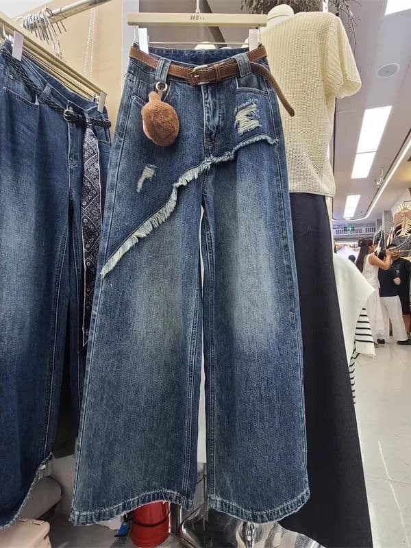 Women's Two-piece Jeans, New Early Autumn Style, Frayed Hem Design, Loose-fitting, Slimming, Wide-leg, Floor-length