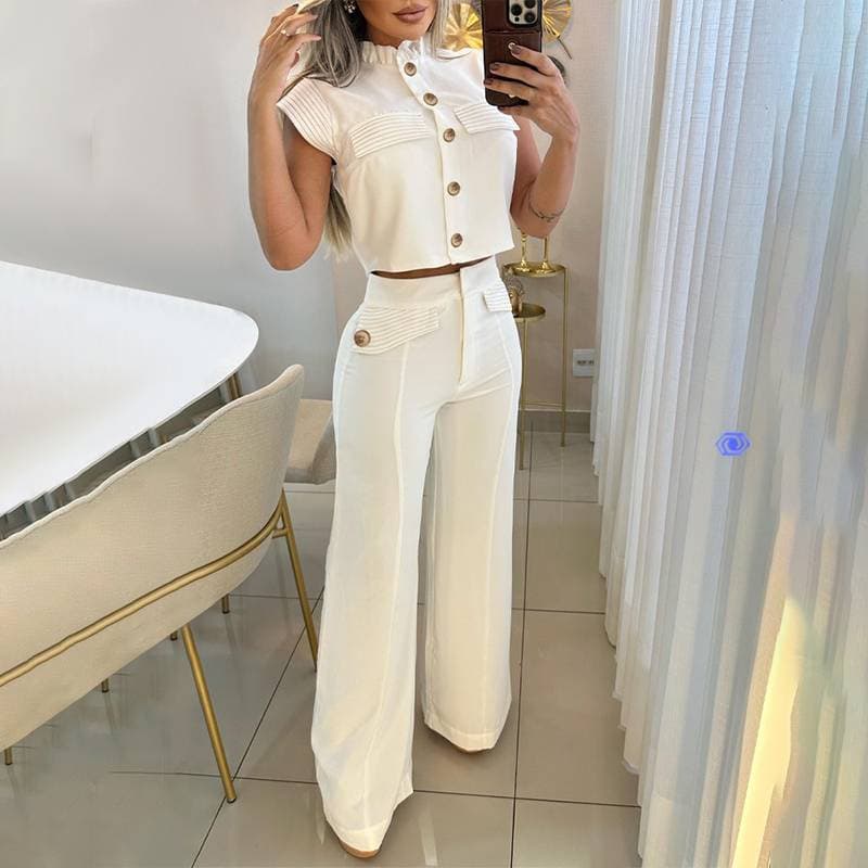Women's solid color half-high collar flying sleeve top tight wide-leg pants suit