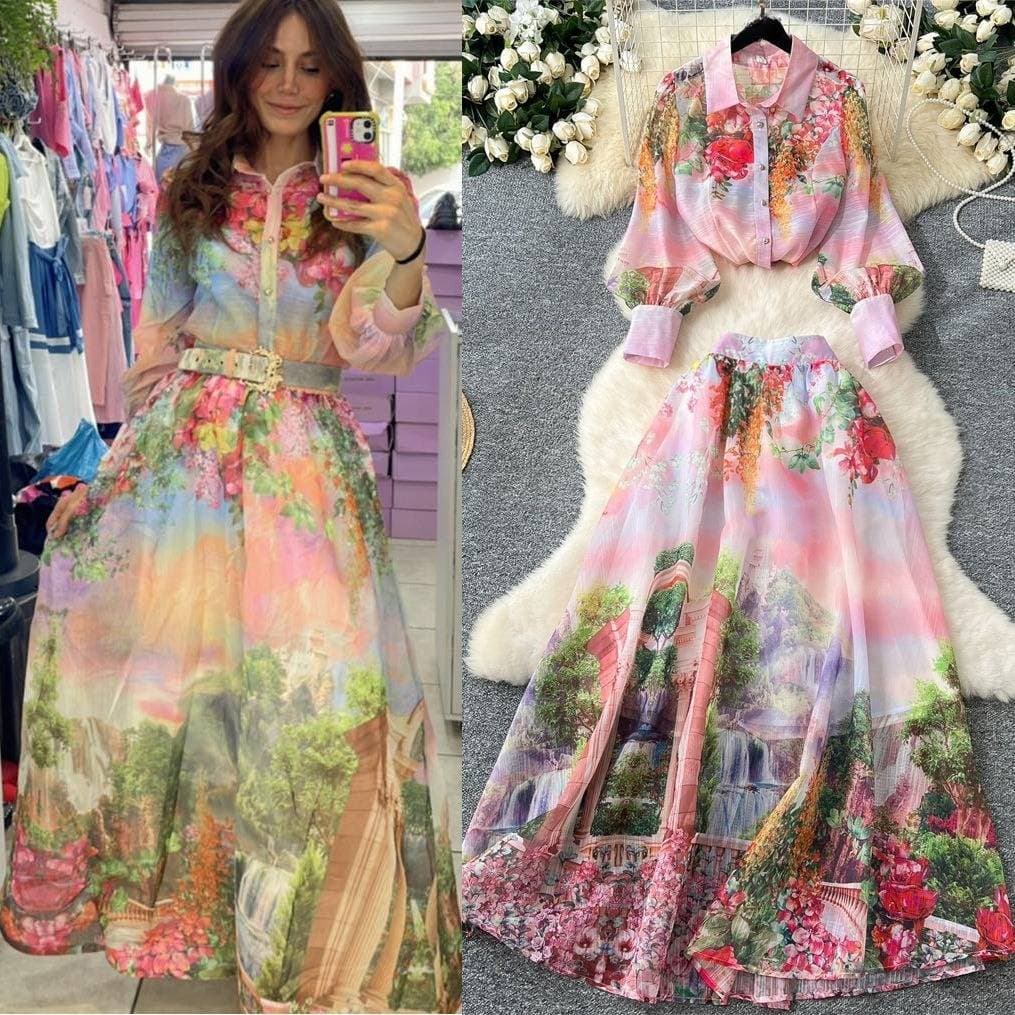 Women’s Clothing Celebrity High End Printed Suit For Women Lantern Sleeve Button Down Shirt + High Waist Wide Skirt