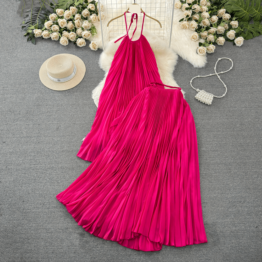 Women's Clothing Seaside Vacation Halter Neck Backless Pleated Dress Two Piece Suit High Waist Slimming A Line Skirt