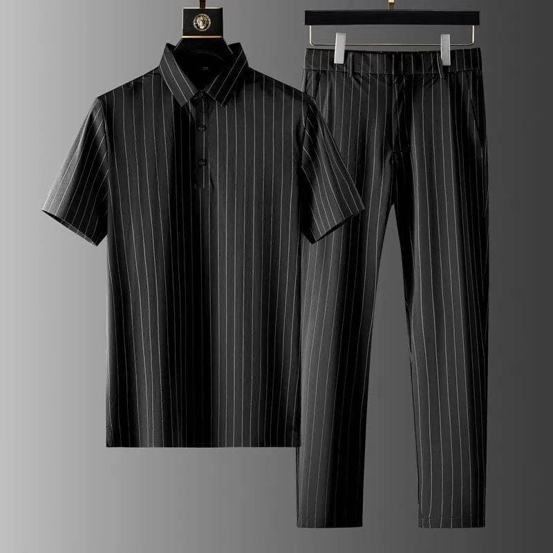 Men's Clothing Light Luxury Business Casual Ice Silk Suit Summer Casual Short Sleeved Thin Striped Two Piece Suit
