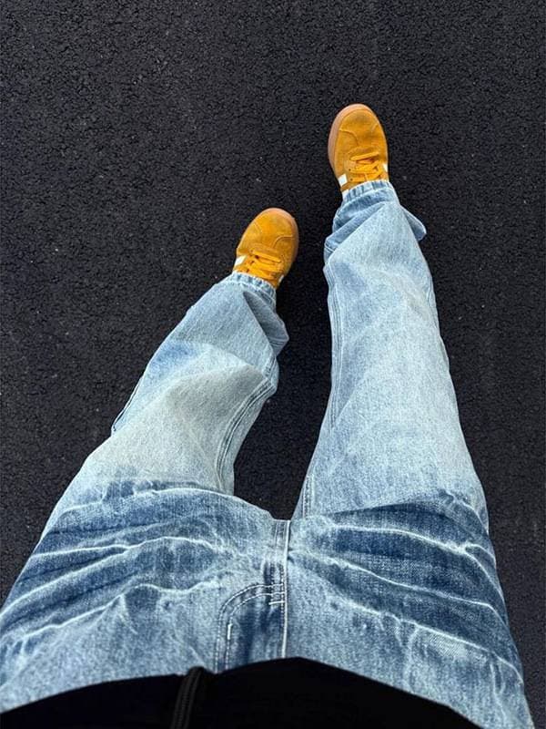 Men's Clothing Simple Loose Straight Jeans Wide Leg Ripped Handsome Denim Straight Pants
