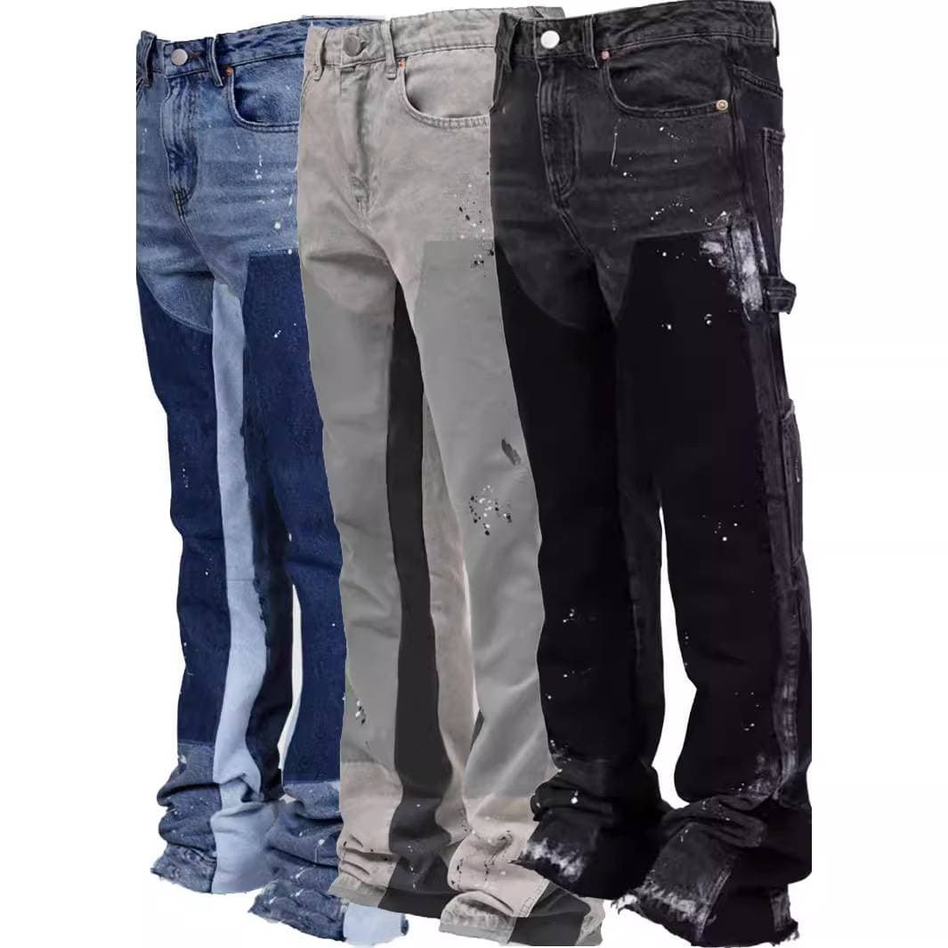 Men's Japanese Vintage Washed Jeans - 65% Cotton Straight-Leg Denim Pants (Black-Gray/Deep Blue, S-XL)