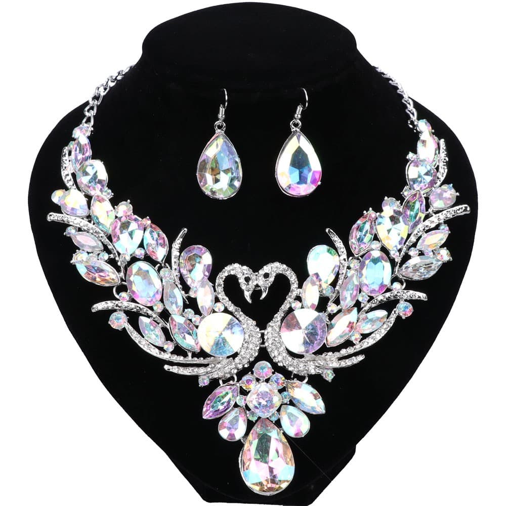 Luxury Silver Plated Crystal New Double Swan Statement Chain Necklace Earring For Women Party Wedding Jewelry Set