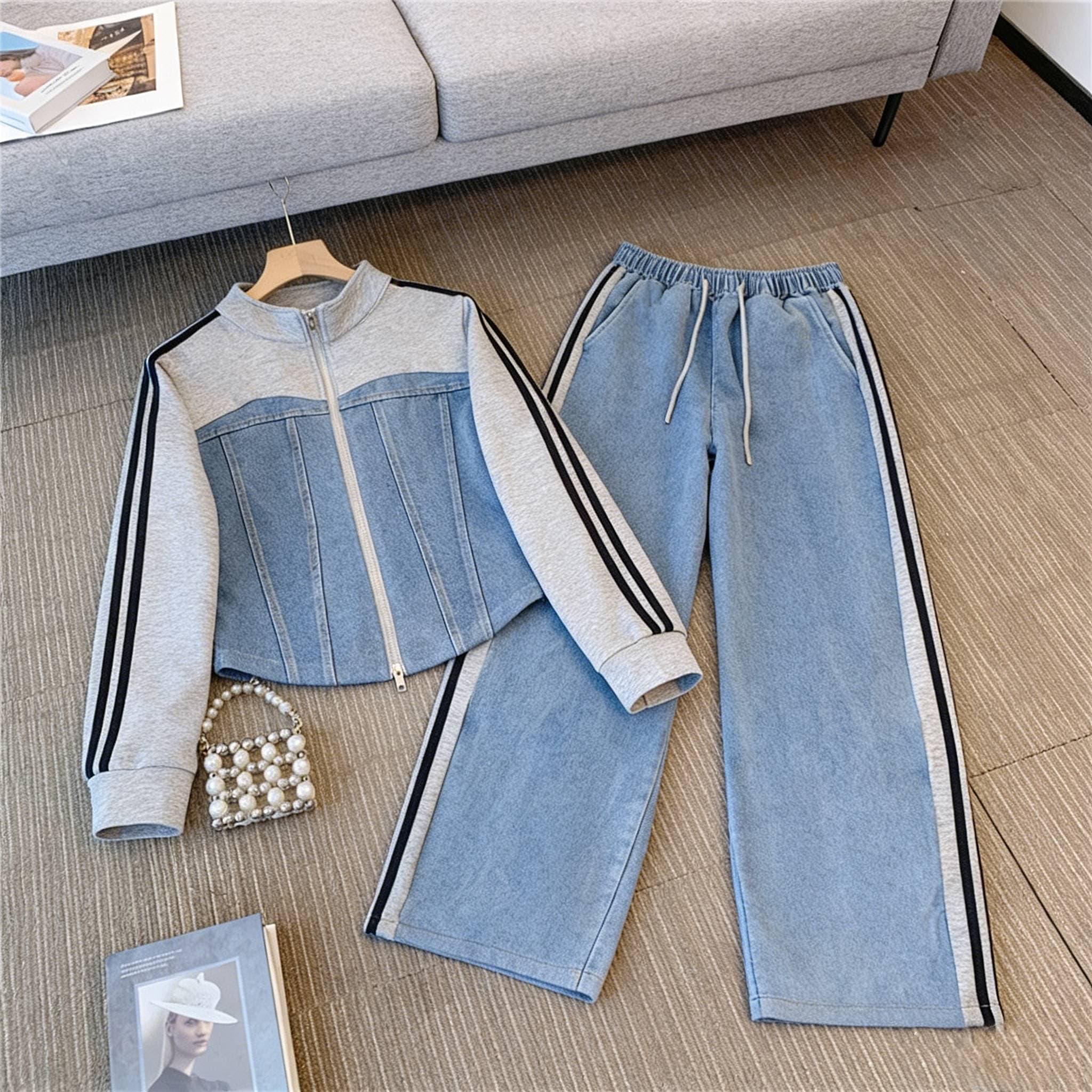 Women's Clothing 2026 Contrast Color Zipper Two Piece Top Wide Leg Pants Suit Large Size Fat Mm Sports Leisure Slim Two Piece Suit