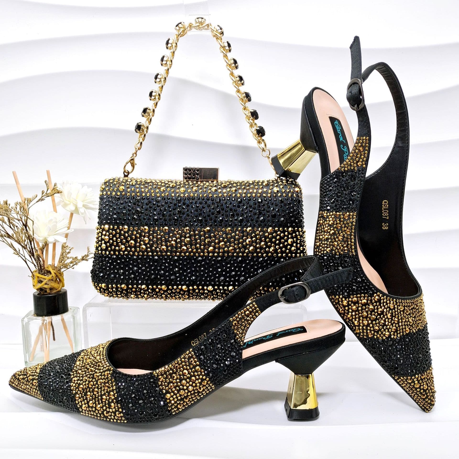Women’s Shoes Fashionable and simple pointed stripes with exquisite rhinestone decoration, elegant ladies' shoes and bags set with high heels