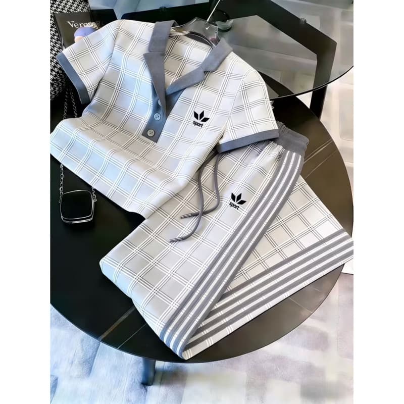 Women's Summer 3D Digital Printed Polo Shirt Set With Color Block Wide Leg Pants Short Sleeve Two-Piece Outfit