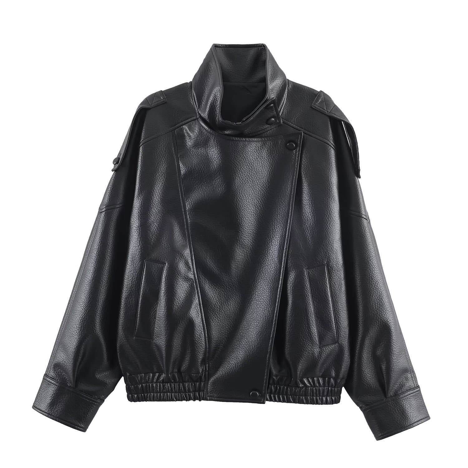 Veste en cuir à manches longues pour femme, style rétro, motif litchi, vêtement d'extérieur décontracté et confortable, tendance et polyvalent.