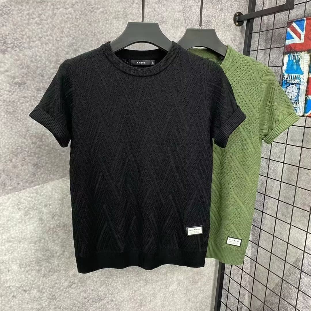 Men's Clothing new brand embroidered short sleeved pullover T shirt sweater men's slim knitted half sleeved bottoming shirt youth top
