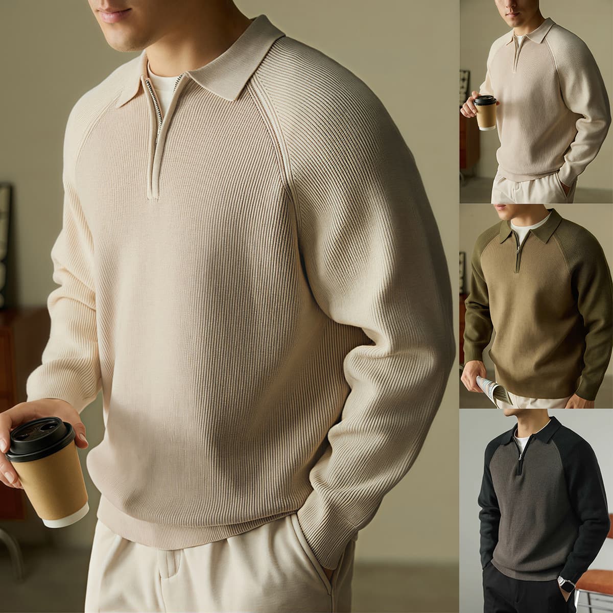 Autumn And Winter New Knitted Sweater Men's Polo Shirt Lapel Raglan Half Zipper Light Luxury Business